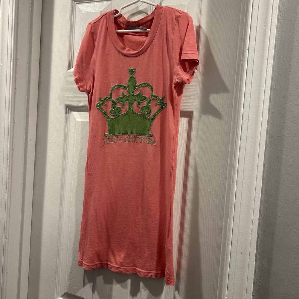Vintage Juicy Couture Pink Graphic Crown T-Shirt Dress Petite Made in USA Y2K